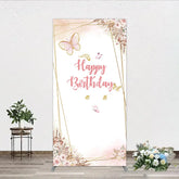Aperturee - Aperturee Pink Gold Glitter Butterfly Happy Birthday Floral Geometric Rectangle Arch Backdrop Bohemian Party Decor.
