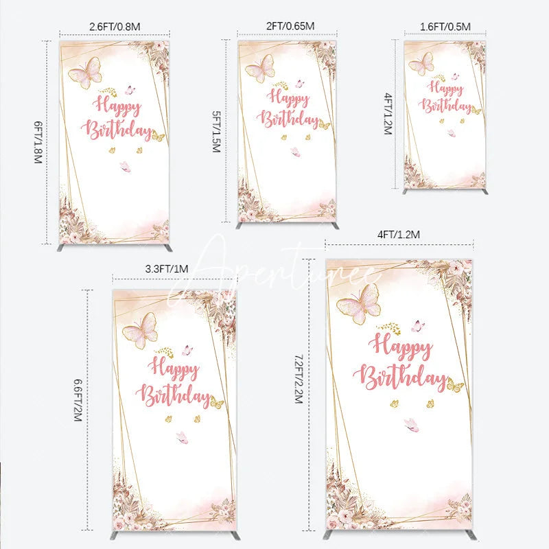 Aperturee - Aperturee Pink Gold Glitter Butterfly Happy Birthday Floral Geometric Rectangle Arch Backdrop Bohemian Party Decor.