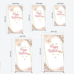 Aperturee - Aperturee Pink Gold Glitter Butterfly Happy Birthday Floral Geometric Rectangle Arch Backdrop Bohemian Party Decor.