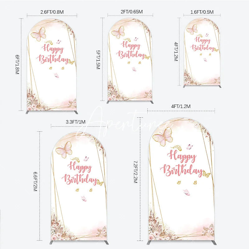 Aperturee - Aperturee Pink Gold Glitter Butterfly Round Top Arch Backdrop Happy Birthday Elegant Floral Party Decoration