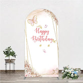 Aperturee - Aperturee Pink Gold Glitter Butterfly Round Top Arch Backdrop Happy Birthday Elegant Floral Party Decoration
