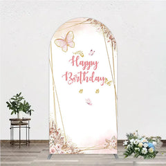 Aperturee - Aperturee Pink Gold Glitter Butterfly Round Top Arch Backdrop Happy Birthday Elegant Floral Party Decoration
