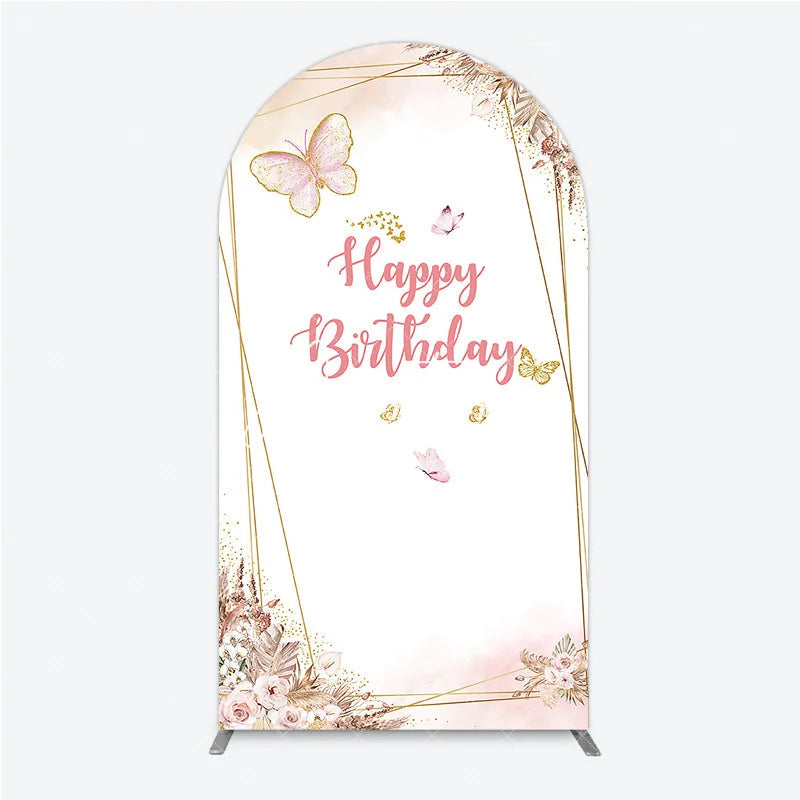 Aperturee - Aperturee Pink Gold Glitter Butterfly Round Top Arch Backdrop Happy Birthday Elegant Floral Party Decoration