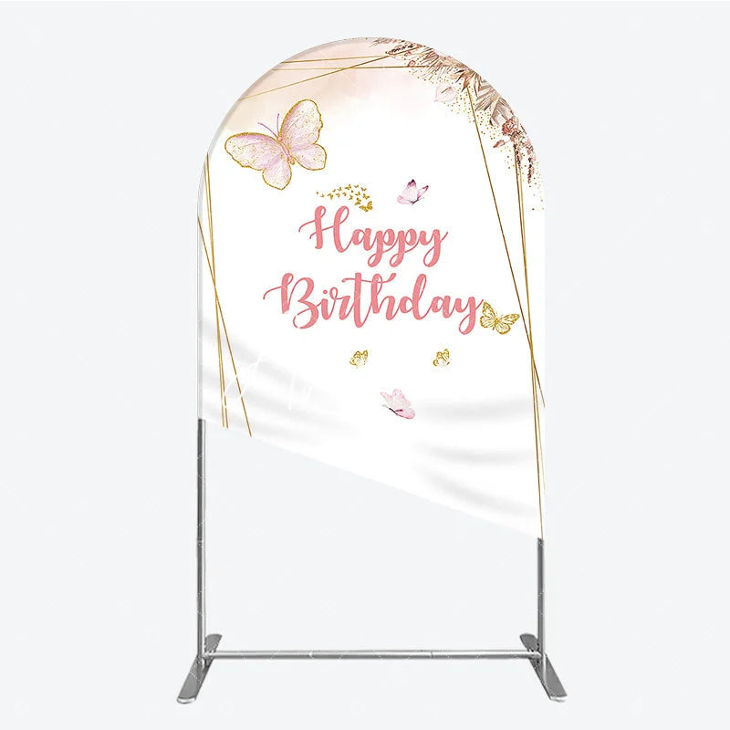 Aperturee - Aperturee Pink Gold Glitter Butterfly Round Top Arch Backdrop Happy Birthday Elegant Floral Party Decoration