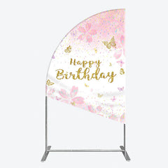 Aperturee - Aperturee Pink Gold Glitter Happy Birthday Half Moon Arch Backdrop with Cherry Blossoms and Butterflies Pastel Confetti Decor