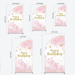 Aperturee - Aperturee Pink Gold Glitter Happy Birthday Half Moon Arch Backdrop with Cherry Blossoms and Butterflies Pastel Confetti Decor