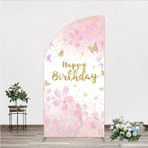Aperturee - Aperturee Pink Gold Glitter Happy Birthday Half Moon Arch Backdrop with Cherry Blossoms and Butterflies Pastel Confetti Decor