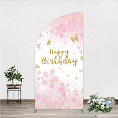 Aperturee - Aperturee Pink Gold Glitter Happy Birthday Half Moon Arch Backdrop with Cherry Blossoms and Butterflies Pastel Confetti Decor