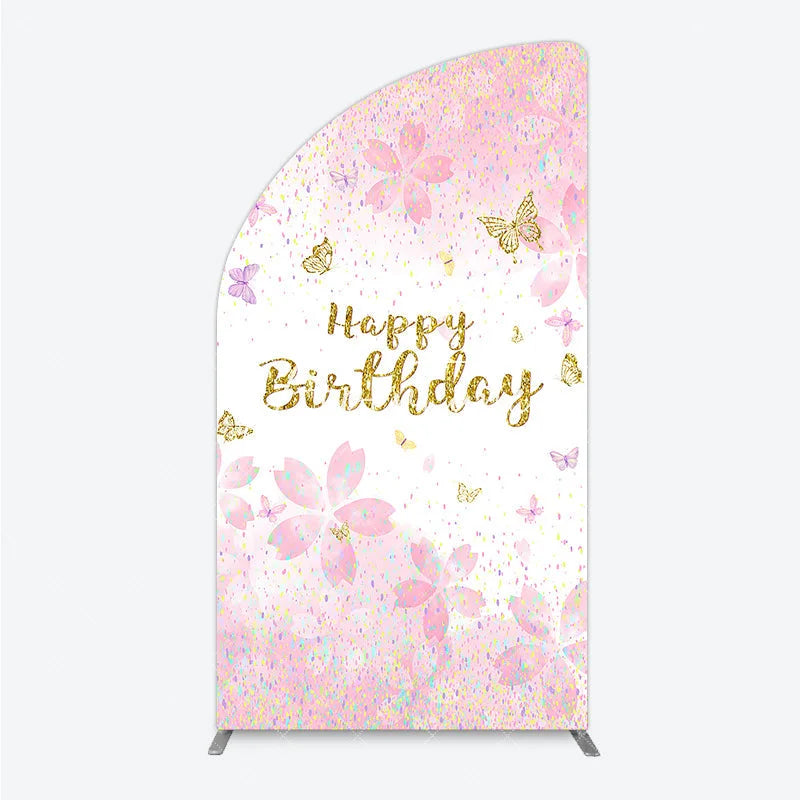 Aperturee - Aperturee Pink Gold Glitter Happy Birthday Half Moon Arch Backdrop with Cherry Blossoms and Butterflies Pastel Confetti Decor
