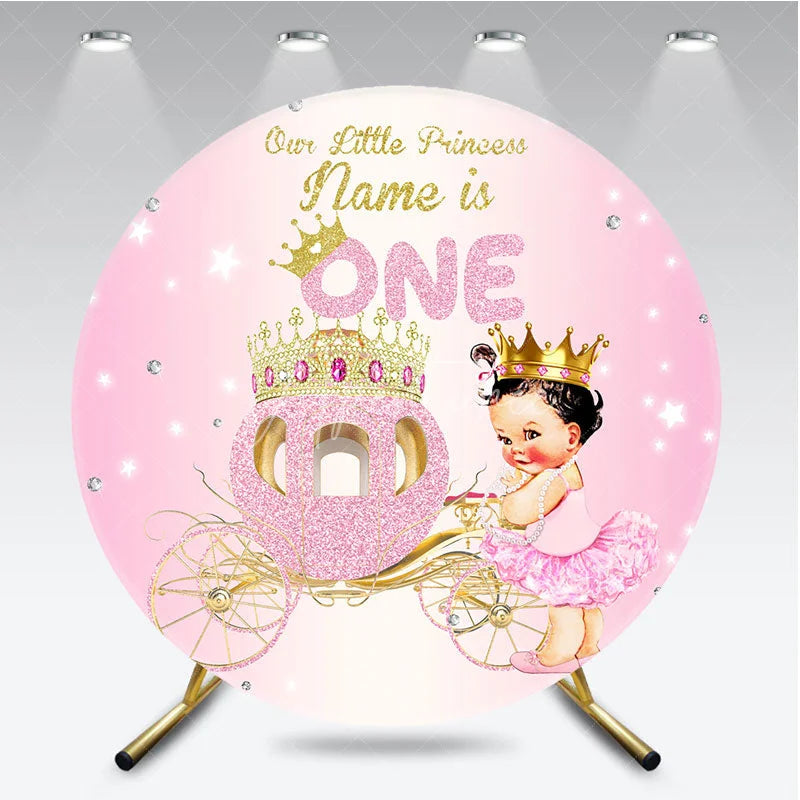 Aperturee - Aperturee Pink Gold Glitter Princess First Birthday Round Backdrop Our Little Princess ONE Baby Girl Party Decor