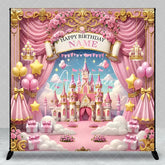 Aperturee - Aperturee Pink Gold Princess Castle Happy Birthday Custom Backdrop with Balloons and Stars Fairytale Dreamy Party Decor