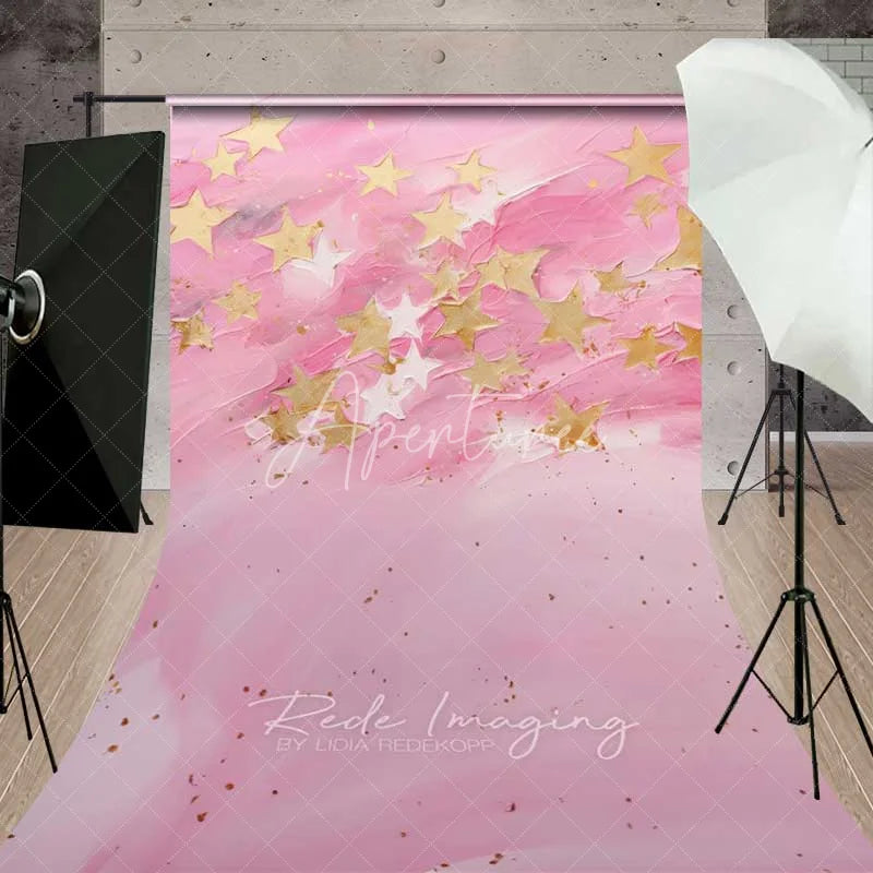 Aperturee - Aperturee Pink Gold Star Sweep Photo Backdrop Abstract Textured Painting Background Cute Celestial Sky Floor Prop