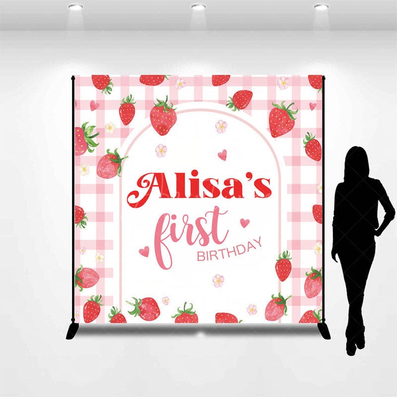 Aperturee - Aperturee Pink Grid Strawberry Girl Custom Birthday Backdrop