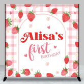 Aperturee - Aperturee Pink Grid Strawberry Girl Custom Birthday Backdrop