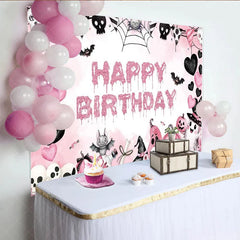 Aperturee - Aperturee Pink Halloween Happy Birthday Backdrop for Girls Spooky Cute Ghost Skulls and Pumpkins Girly Gothic Party Decor