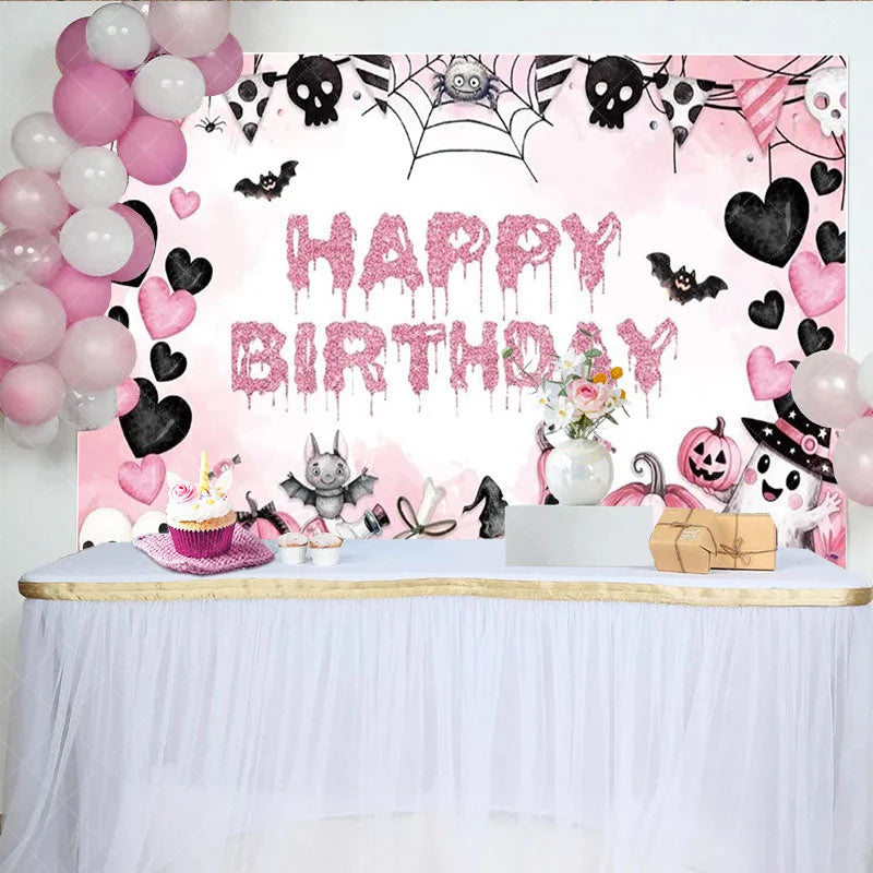 Aperturee - Aperturee Pink Halloween Happy Birthday Backdrop for Girls Spooky Cute Ghost Skulls and Pumpkins Girly Gothic Party Decor