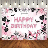 Aperturee - Aperturee Pink Halloween Happy Birthday Backdrop for Girls Spooky Cute Ghost Skulls and Pumpkins Girly Gothic Party Decor