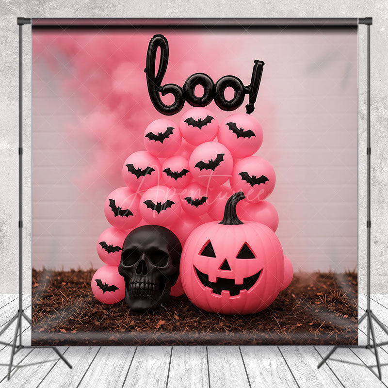 Aperturee - Aperturee Pink Halloween Photography Backdrop Boo Balloons with Pink Pumpkins Girly Gothic Spooky Party Photo Booth