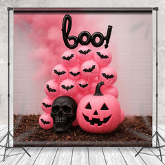 Aperturee - Aperturee Pink Halloween Photography Backdrop Boo Balloons with Pink Pumpkins Girly Gothic Spooky Party Photo Booth