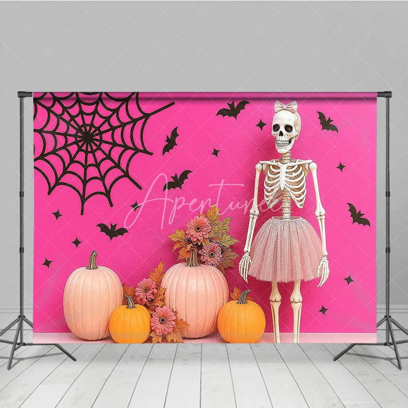 Aperturee - Aperturee Pink Halloween Photography Backdrop with Skeleton in a Tutu Pink Pumpkins Girly Gothic Spooky Party Decor