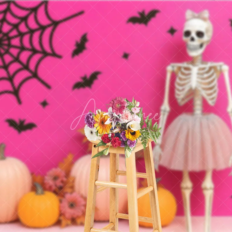 Aperturee - Aperturee Pink Halloween Photography Backdrop with Skeleton in a Tutu Pink Pumpkins Girly Gothic Spooky Party Decor