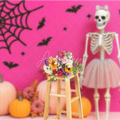 Aperturee - Aperturee Pink Halloween Photography Backdrop with Skeleton in a Tutu Pink Pumpkins Girly Gothic Spooky Party Decor