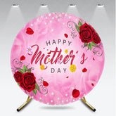 Aperturee - Aperturee Pink Happy Mother’s Day Round Backdrop with Red Roses Pearls and Glitter Elegant Floral Decor