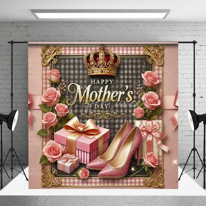 Aperturee - Aperturee Pink Happy Mothers Day Floral Room Set Backdrop Gold Balloons Gift Box Photography Background