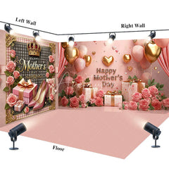 Aperturee - Aperturee Pink Happy Mothers Day Floral Room Set Backdrop Gold Balloons Gift Box Photography Background