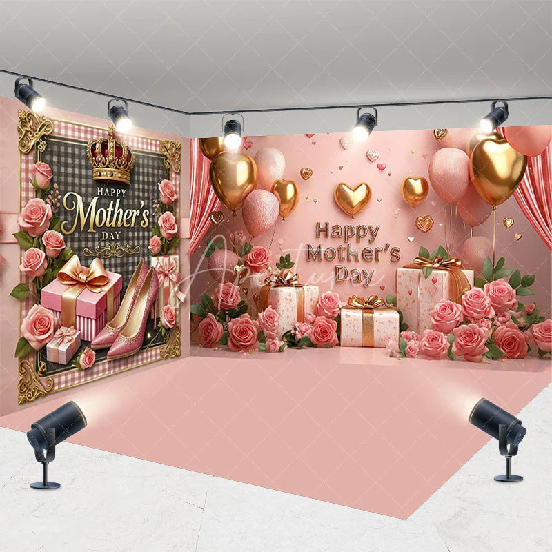 Aperturee - Aperturee Pink Happy Mothers Day Floral Room Set Backdrop Gold Balloons Gift Box Photography Background