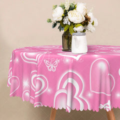 Aperturee - Aperturee Pink Heart Butterfly Round Tablecloth Romantic White Love Pattern Table Cover Valentine Day Party Decor