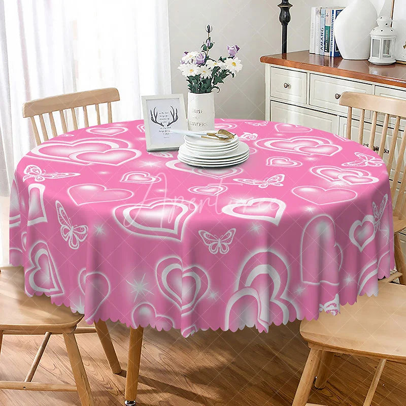 Aperturee - Aperturee Pink Heart Butterfly Round Tablecloth Romantic White Love Pattern Table Cover Valentine Day Party Decor