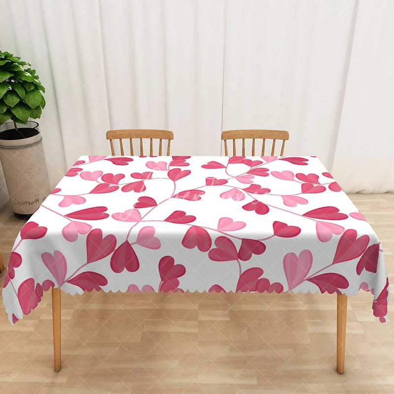 Aperturee - Aperturee Pink Heart Leaf Rectangle Tablecloth Botanical Love Vine Table Cover Sweet Valentine Day Home Decor