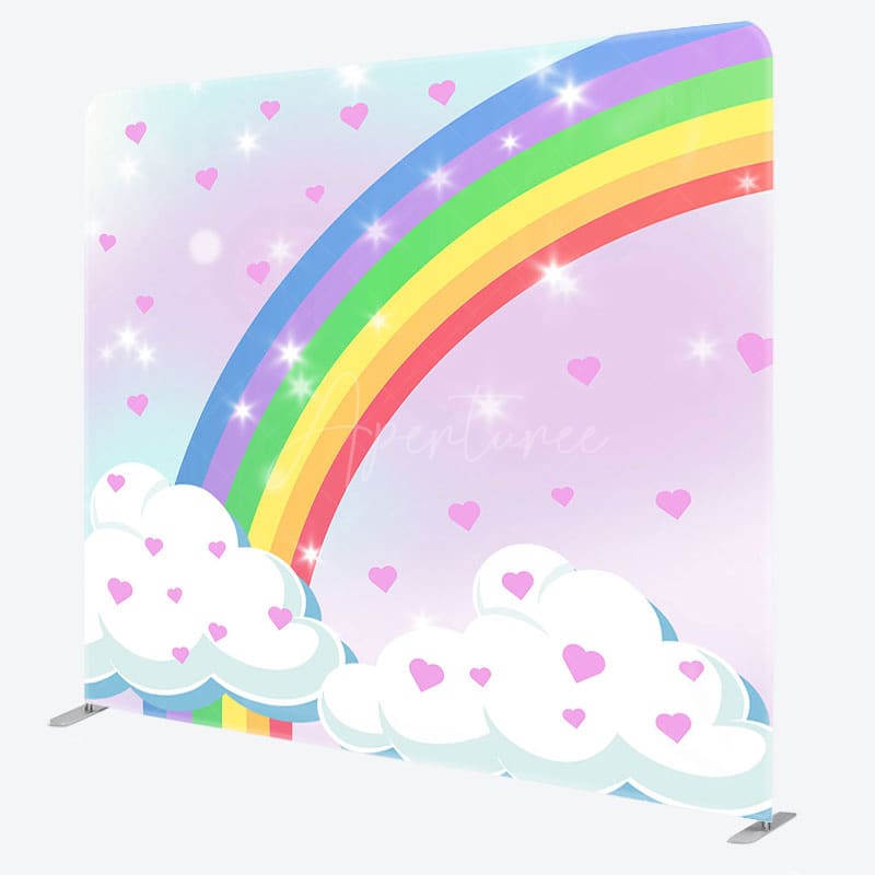 Aperturee - Aperturee Pink Heart Rainbow Cloud Birthday Pillow Case Backdrop