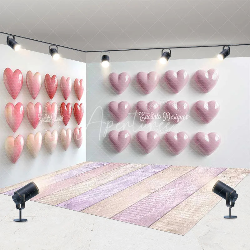 Aperturee - Aperturee Pink Hearts and Pastel Wooden Floor Room Set Backdrop Romantic Valentine’s Day Party Decor
