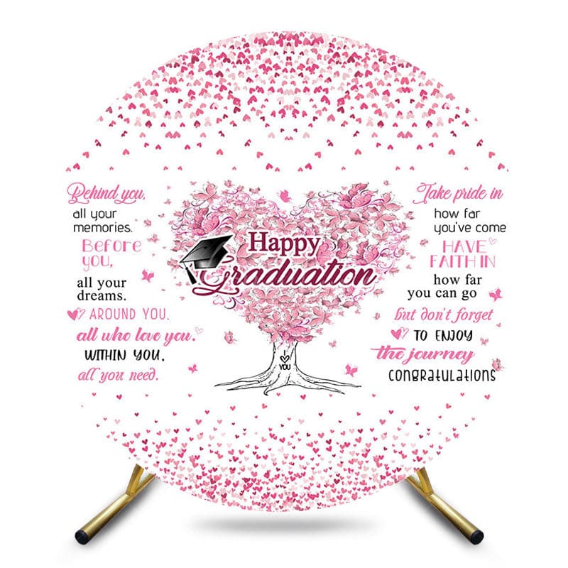 Aperturee - Aperturee Pink Hearts Tree Round Happy Graduation Backdrop