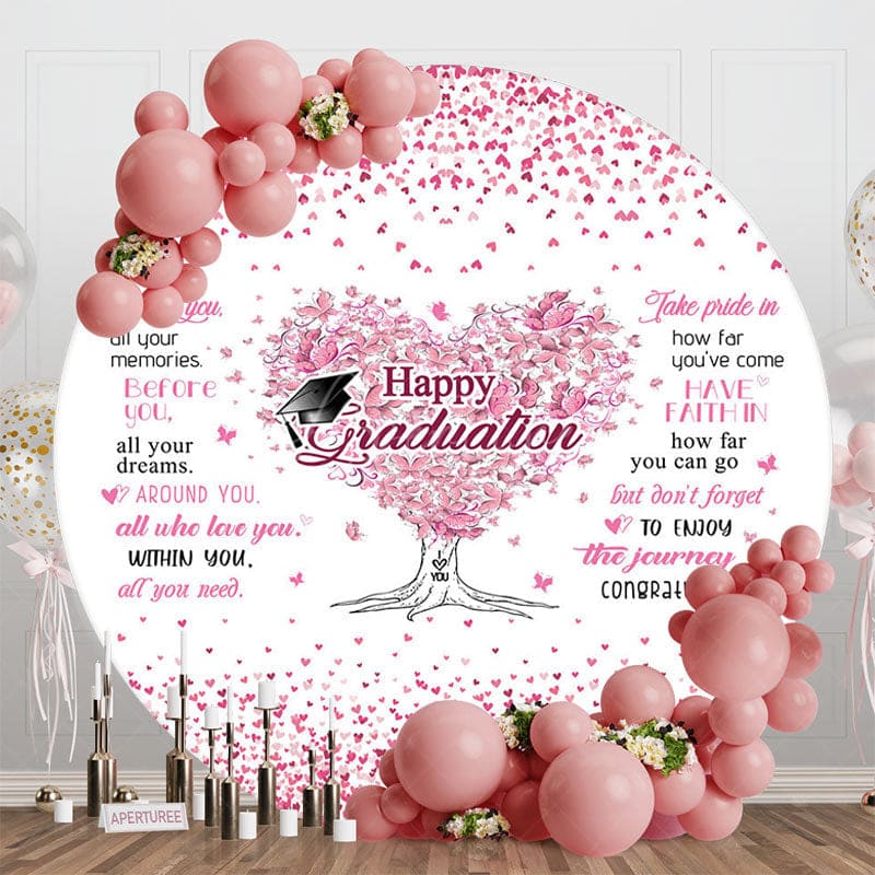 Aperturee - Aperturee Pink Hearts Tree Round Happy Graduation Backdrop