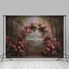Aperturee - Aperturee Pink Hydrangea Arch Photography Backdrop in a Forest Painterly Floral Romantic Wedding Photo Background