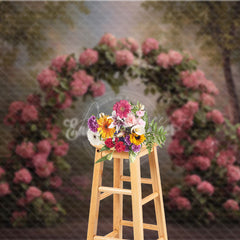 Aperturee - Aperturee Pink Hydrangea Arch Photography Backdrop in a Forest Painterly Floral Romantic Wedding Photo Background