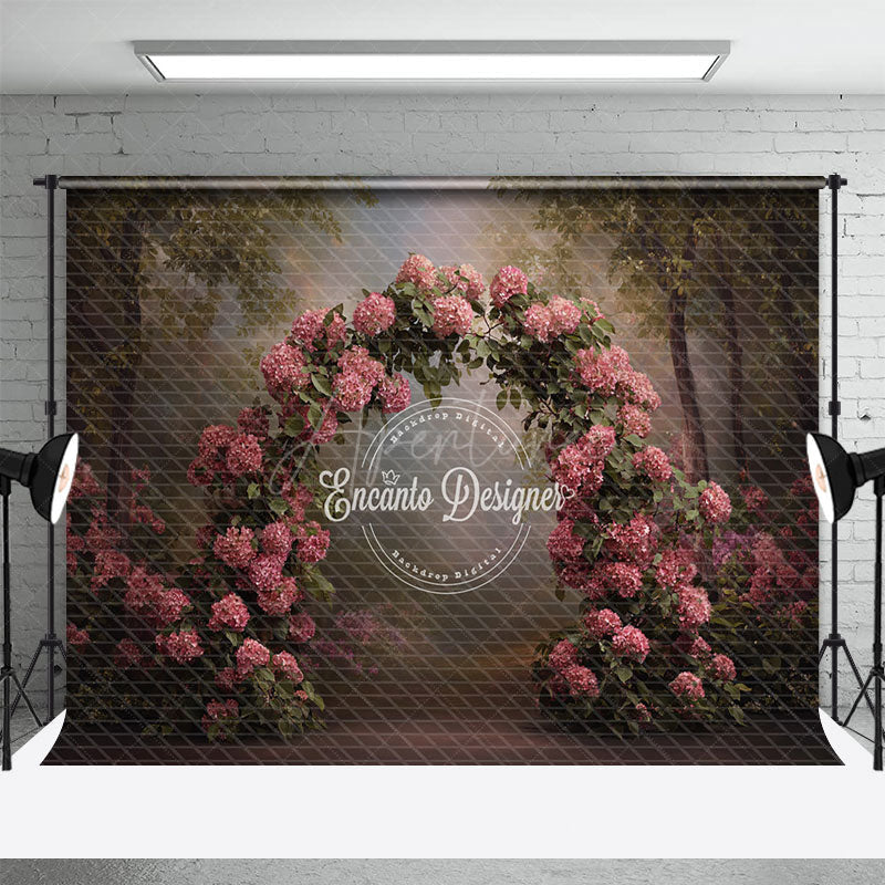 Aperturee - Aperturee Pink Hydrangea Arch Photography Backdrop in a Forest Painterly Floral Romantic Wedding Photo Background