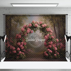 Aperturee - Aperturee Pink Hydrangea Arch Photography Backdrop in a Forest Painterly Floral Romantic Wedding Photo Background