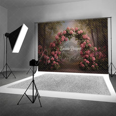 Aperturee - Aperturee Pink Hydrangea Arch Photography Backdrop in a Forest Painterly Floral Romantic Wedding Photo Background