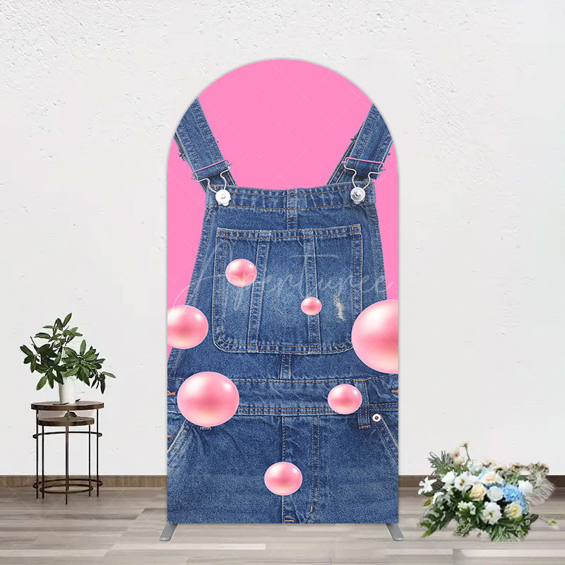 Aperturee - Aperturee Pink Jeans With Pearl Cartoon Birthday Arch Backdrop