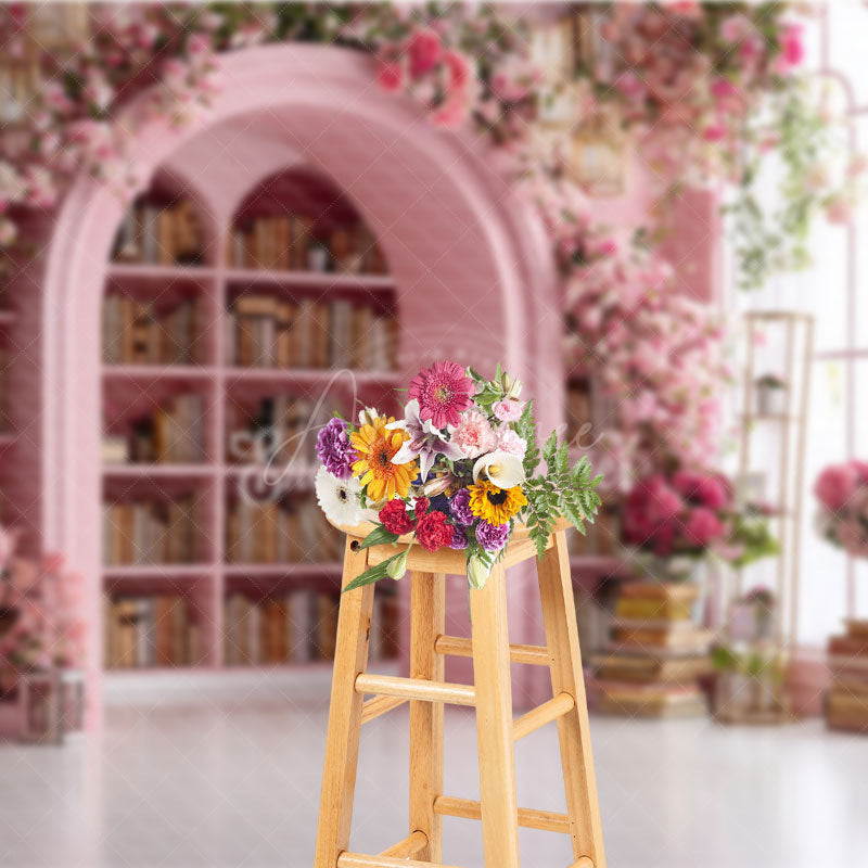 Aperturee - Aperturee Pink Library Photography Backdrop with Bookshelves and Flowers Arched Doorway Princess Wedding Photo Background