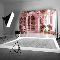 Aperturee - Aperturee Pink Library Photography Backdrop with Bookshelves and Flowers Arched Doorway Princess Wedding Photo Background