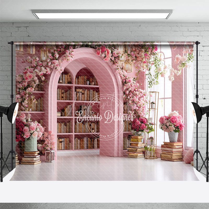 Aperturee - Aperturee Pink Library Photography Backdrop with Bookshelves and Flowers Arched Doorway Princess Wedding Photo Background