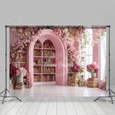 Aperturee - Aperturee Pink Library Photography Backdrop with Bookshelves and Flowers Arched Doorway Princess Wedding Photo Background