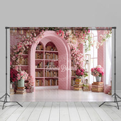 Aperturee - Aperturee Pink Library Photography Backdrop with Bookshelves and Flowers Arched Doorway Princess Wedding Photo Background