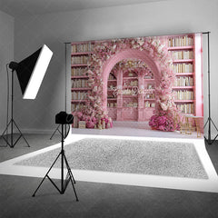 Aperturee - Aperturee Pink Library Photography Backdrop with Floral Arch Bookshelf and Cherry Blossoms Fairytale Wedding Background
