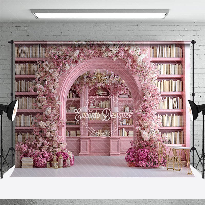 Aperturee - Aperturee Pink Library Photography Backdrop with Floral Arch Bookshelf and Cherry Blossoms Fairytale Wedding Background